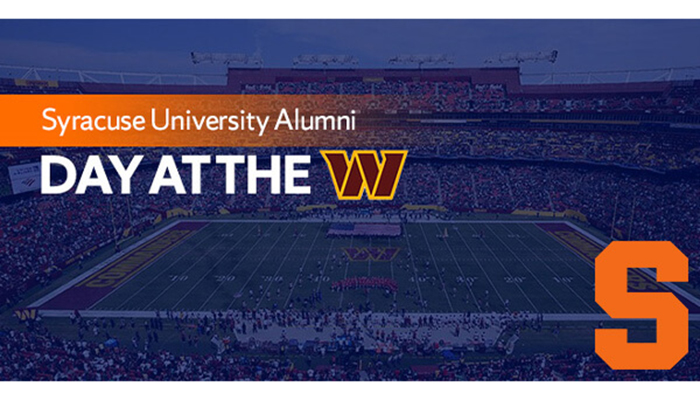 Syracuse University Alumni Day at the Washington Commanders with block S over stadium image